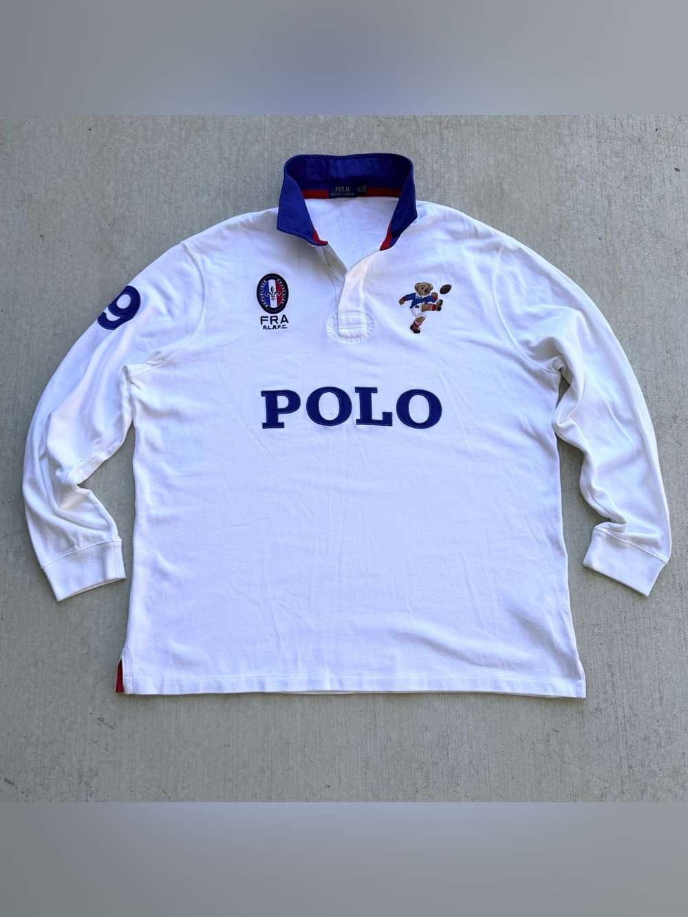Polo Ralph Lauren Rugby Shirt France. Bear Kicker Size 2XL Long Sleeve